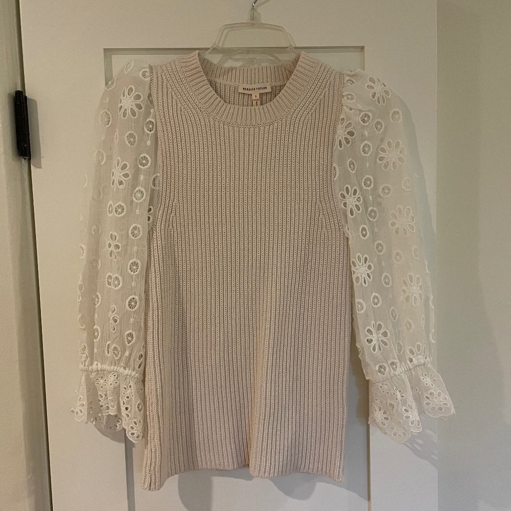 Rebecca Taylor Ivory Eyelet Sleeve Sweater